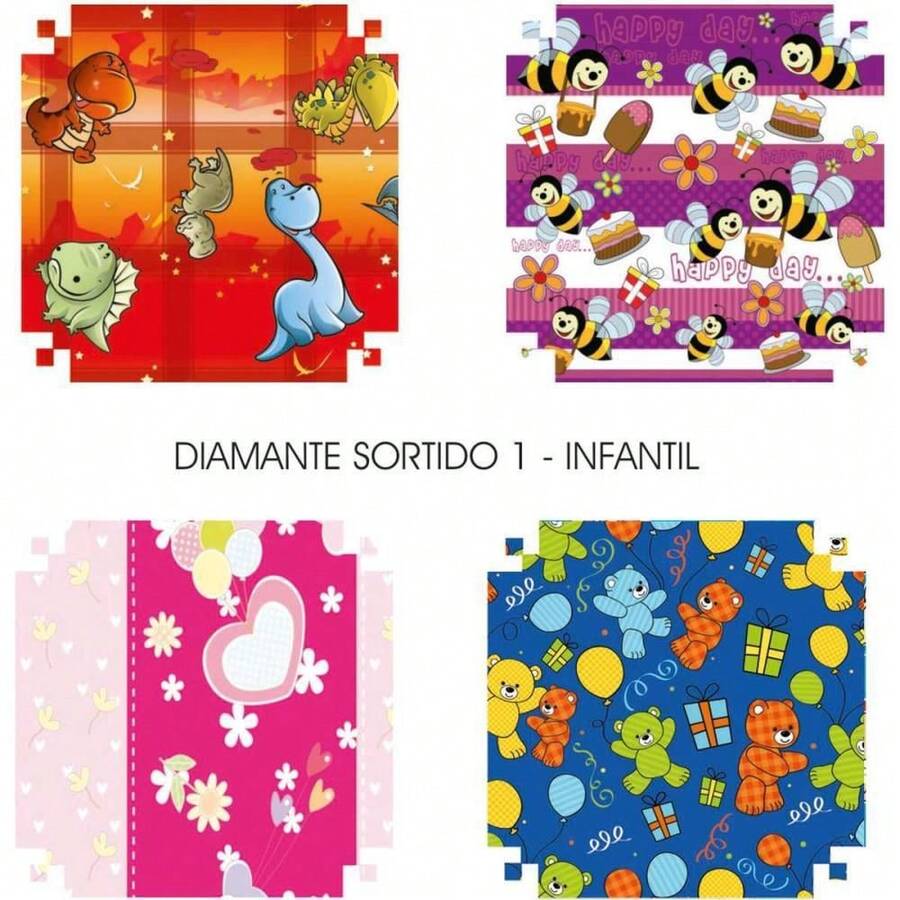 Papel Presente 60X96CM Couchê Linha Diamante Infantil - 4 Modelos - Pacote com 40 Unidades - Multicolorido - Visão 1