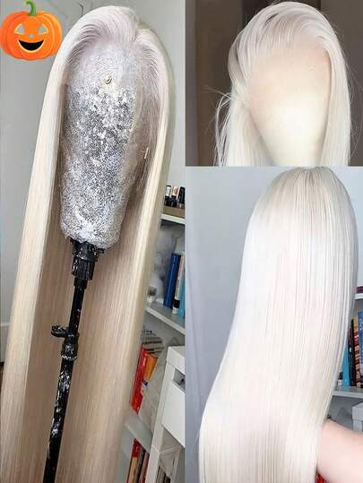 13*4 شعر مستعار صناعي أمامي من الدانتيل، شعر مستعار صناعي أبيض طويل مستقيم، شعر مستعار من ألياف مقاومة للحرارة للنساء، للهالوين