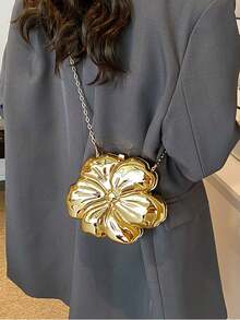 Women's Elegant Mini Flower Shaped Chain Crossbody Bag, Metallic Y2K Style Theme Party Shoulder Bag, Fashionable Novelty Shaped Bags, Versatile Small Mobile Phone Key Coin Purse, Portable Outdoor Travel Vacation Cosmetic Bags, Exquisite Floral Bag For Women - 金色 - 查看 3