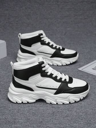 男士高帮运动鞋，户外厚底厚底运动鞋，纯色，轻便，男女通用系带经典皮革拼接中帮休闲跑鞋，百搭增高鞋