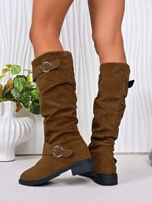 Kozaki do kolan w stylu western, damskie płaskie kozaki do połowy łydki na grubym obcasie, w jednolitym kolorze, plisowane kowbojki, luźne buty, kozaki do uda, kozaki z paskiem na klamrę, duże rozmiary, wysokie kozaki z okrągłym noskiem, khaki kozaki do kolan