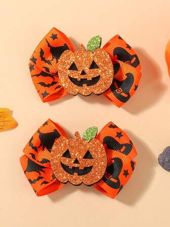 2 件蝴蝶结发夹万圣节发夹亡灵节发夹南瓜蝙蝠闪光发夹防滑手工蝴蝶结结爪夹马尾万圣节发饰适用于女孩、发爪、发夹、发夹