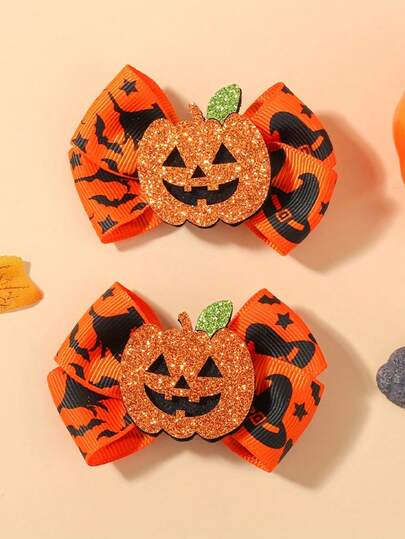 2PCS Hair Bows Clips Halloween Hair Clips Day Of The Dead Hair Pins Pumpkin Bat Glittering Hairpin Non-Slip Handmade Bow Knot Claw Clips Ponytail Halloween Hair Decor For Girl, Hair Claws, Hair Slide, Hair Barrettes