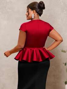 Women's Plus Size Red Tops Vintage Shiny V Neck Peplum Blouse Cap Sleeve Petal Party Christmas New Year Clothes
