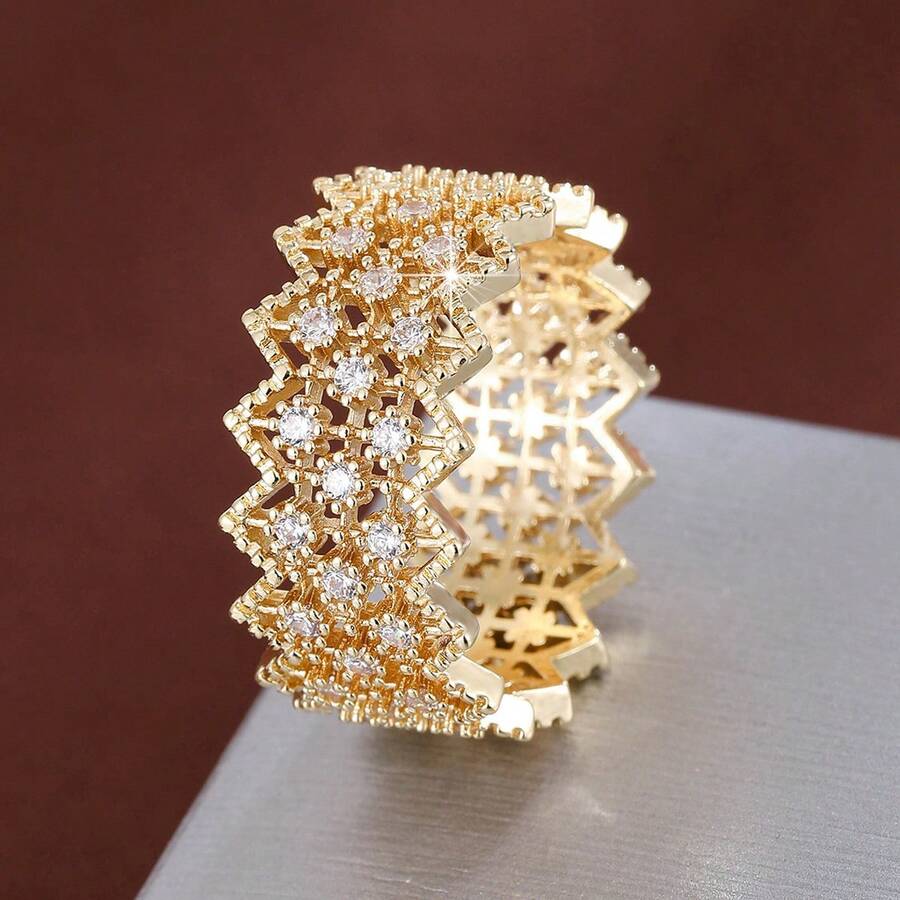 1pc Pointed Lace Hollow Design Cubic Zirconia Inlaid Fashion Ring For Women - Multicolor - View 1