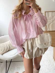 Leichte, transparente rosa Rüschen V-Ausschnitt Schleife Langarm elegante Bluse für Frauen, geeignet für Frühling/Sommer, Valentinstag - Pink - Übersicht 4