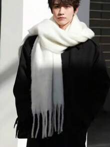 1pc Men's Autumn And Winter Thick Solid Color Tassel Scarf, Fashionable Versatile Warm Scarf, Long Flowing Fringe Scarf, Suitable For Both Men And Women