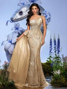 优雅甜心粉色系带露肩露背连衣裙，适合女士出席晚宴、派对、鸡尾酒会（极具装饰性） - 香檳色 - 查看 2