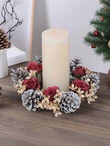 1pc/2pcs Christmas Candlestick Wreath Artificial Pine Cone Red Rose Flower Gold Flower, Winter Artificial Rose Flower Greenery Leaf Plant Candlestick Wreath, Faux Pine Fake Green Leaf Candle Ring Xmas Ornaments, For Christmas Decoration Christmas Decorations Room Decor