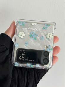 春季可爱油画花卉透明手机壳，带激光云珠链，兼容三星 Galaxy Z Flip7 Z Flip6 Flip5 Flip 4 3 时尚全屏粉色花卉折叠后盖 - 藍白花 - 查看 5