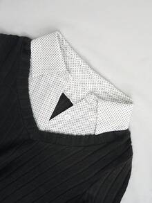Áo nữ kiểu dáng thường ngày giá cả phải chăng, thiết kế 2 trong 1 chấm bi và sọc, dáng ôm, đa năng, thích hợp mặc hàng ngày hoặc khoác ngoài, màu đen, thích hợp cho mùa xuân. - màu đen - Xem 4