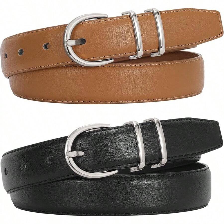 2-Pack Women's Leather Belts For Jeans And Dresses Plus Size - G-黑+棕(銀扣) - 查看 1