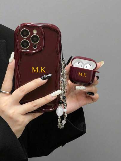 (Zestaw 3 sztuk) Spersonalizowane etui na telefon, 1 szt. luksusowe etui na telefon w kolorze bordowym, 1 szt. etui na słuchawki Apple, 1 szt. pasek na nadgarstek, kompatybilne z Apple 11, 12, 13, 14, 15, 16 Pro Max, 17, 17 Air, 17 Pro, 17 Pro Max, świetny prezent urodzinowy, prezent świąteczny, prezent dla niego/niej, prezent spersonalizowany, Etsy/produkt spersonalizowany, spersonalizowany prezent dla małżonka/rodziców, prezent na rocznicę/ślub