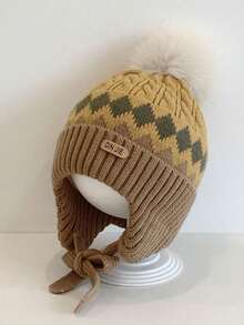 儿童针织帽，钻石提花婴儿针织帽，绒球设计，男童女童秋冬护耳帽，秋冬婴儿户外保暖帽，撞色设计，婴儿冬季防风帽，适合户外，时尚百搭，日常休闲 - 針織帽 - 查看 9