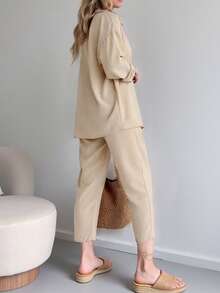2 件套女式纯色前扣口袋长袖上衣和系腰长裤 - 杏色 - 查看 5