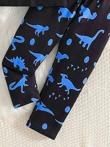 小男孩舒适卡通恐龙图案夜光长袖睡衣套装（仅在紫外线下发光），秋季 - 霧霾藍 - 查看 5