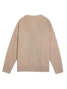 1pc Women's Plus Size V-Neck Long Sleeve Button Front Ribbed Cable Knit Cardigan Sweater, Casual Versatile Jacket, Suitable For Autumn And Winter - Khaki - View 2