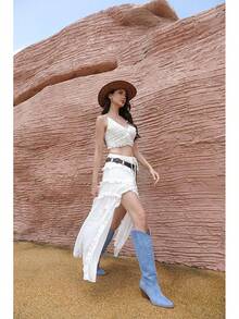 Cowgirl Boots Women Knee High Boots Pointed Toe And Block Heel Cowboy Suede And Faux Leather Boots With Embroidered - 藍色 - 查看 2