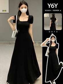 【Y6Y】黑色方领修身连衣裙 | 秋季法式优雅收腰显瘦连衣裙 - 黑色 - 查看 1