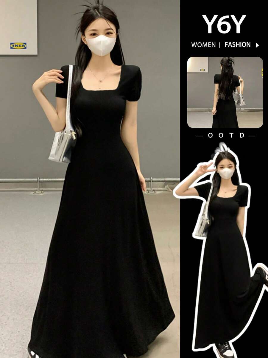 【Y6Y】黑色方领修身连衣裙 | 秋季法式优雅收腰显瘦连衣裙 - 黑色 - 查看 1