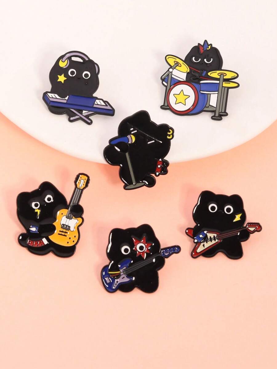 1/6pcs Cute Cartoon Cat Music Band Brooch Set, Drum, Guitar, Electric Guitar, Cat Decor For Clothes, Bags, Backpacks Halloween Accessories Teachers Day