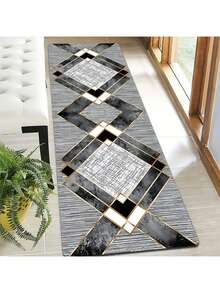1PC Bohemian Vintage Long Runner Rug, Geometric Black & Gold Pattern, Stain-Resistant & Non-Slip, Crystal Velvet Grooved Carpet, Suitable For Decorating Bathroom, Bedroom, Hallway, Camping And Other Places - Multicolor - View 7