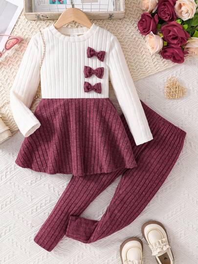 2pcs Girls Kids' Fashion Minimalist Spring/Autumn Outfit, Children's Bow Decor Round Neck Patchwork Ruffle Dress & Solid Color Ribbed Pants, Outdoor Elegant Chic Girly Style Clothing