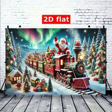 2D 平面 1 件节日圣诞火车场景背景 - 多尺寸聚酯派对横幅，带有圣诞老人、雪森林和精致火车，非常适合节日庆祝活动、家庭、花园、工作室和户外活动、圣诞装饰
