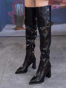 2-Way Design Thermal Lined Pointed Toe Chunky Heel Over-The-Knee Riding Boots For Women, Autumn/Winter - Black - View 1