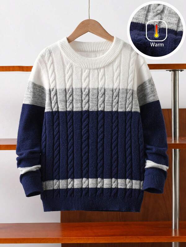 Boys' Collegiate Style Colorblock Striped Knit Sweater, Twist Rope Texture, Long Sleeve, Suitable For School, Everyday Wear, Spring, Autumn, Winter