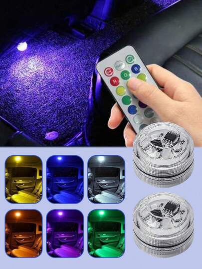 无线遥控汽车LED氛围灯，RGB迷你无线粘贴式LED车内氛围灯，遥控装饰灯，适用于车顶、脚窝、RGB水族箱，适用于汽车、房间、游泳池（遥控款式随机）