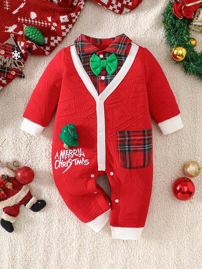 Baby Boys Christmas "Merry Christmas" Embroidered Letter, 3D Christmas Tree, Autumn/Winter Jacquard Air Layer Fabric 2 In 1 Turndown Collar Romper