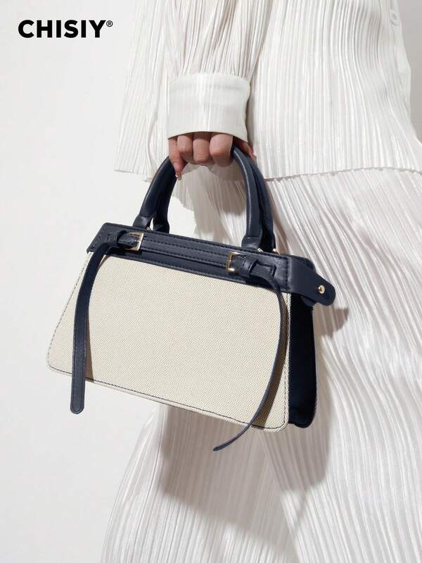 CHISIY Original Handmade Fashion Brown & White Patchwork Minimalist Style Handbag, Suitable For Business, Casual, Shopping, And School, Front Twist Lock, With Shoulder Strap, Crossbody Bag, Lightweight And Durable, Vintage Charm, Elegant And Versatile For Any Occasion, Showcasing Unique Fashion Taste