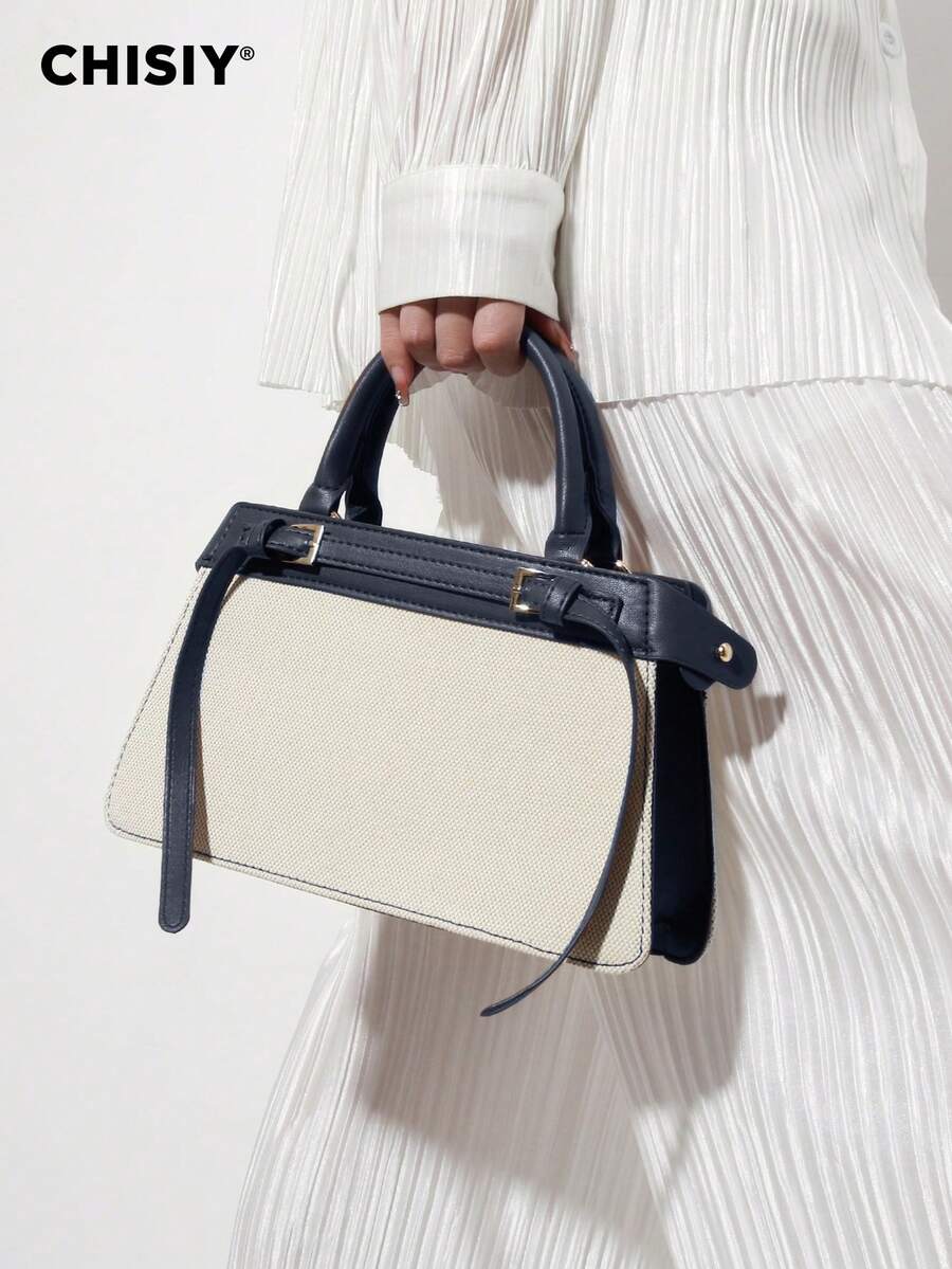 CHISIY Original Handmade Fashion Brown & White Patchwork Minimalist Style Handbag, Suitable For Business, Casual, Shopping, And School, Front Twist Lock, With Shoulder Strap, Crossbody Bag, Lightweight And Durable, Vintage Charm, Elegant And Versatile For Any Occasion, Showcasing Unique Fashion Taste