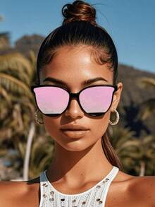 Personality Hot Girl Style Technological 1pc Plastic Round Full Frame Mirrored Reflective Fashion Eyeglasses,For Women-Street-Photography,Vacation Outfits,Holiday Gift,Party Decoration Suitable For All Face Shapes - 1 件粉紅色水銀 - 查看 8