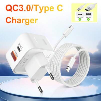 USB Fast Charger 2Ports (USB-A + Type-C) -Wall Fast Charging Plug- PD & QC3.0 Fast Charging With 1.5M Long USB C To Type-C Charging Cable Compatible With IPhone15 14 13 12 11 Series, Compact Dual A+C Port Adapter Suitable For Multiple People Charging, Multiple Devices Charging, Home Charging Needs, And Office Desks Home Office Phone Charger Multi-Port High Output Power