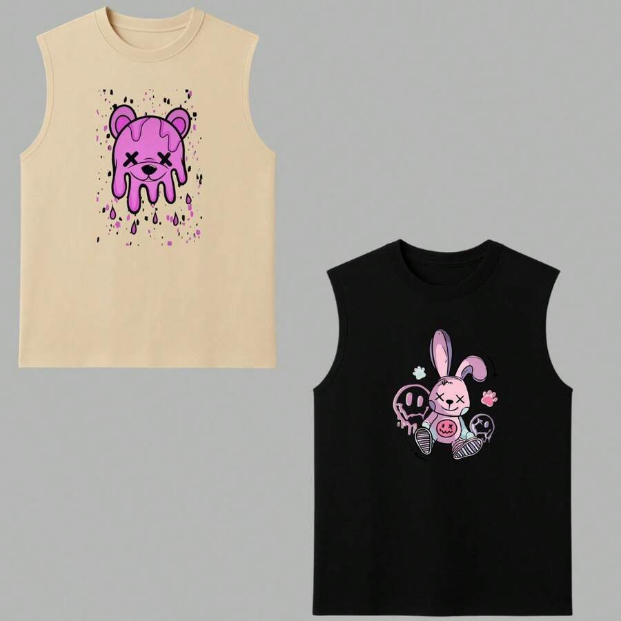 Kit 2 Macho Cotton Tank Top Printed Melted Bear Rabbit Plush Pink Faces Gym Shirt Workout Bodybuilder For The Heat Spring/Summer - Khaki - View 1