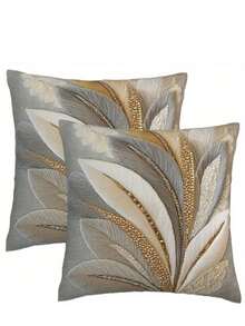 2pcs Decorative Feather Print Cushion Covers, 2D Printing, Square Single-Sided Print, Gold, Gray, White Feather Elements, 45x45cm Soft Polyester Fabric, Zipper Closure, Suitable For Holiday Parties, Sofa, Living Room, Office, Car, Home Decor (Cushion Covers Only - Insert Not Included)