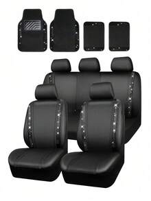 9pcs Glitter Diamond Car Seat Covers, 4pcs Glitter Diamond Car Foot Mats, Glitter Rhinestones Non-Slip PVC Set For SUV/Truck/Car (Complete Front And Rear, Waterproof All-Weather Interior Protection) - A款 - 查看 24
