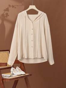 女士热销宽松纽扣连帽长袖衬衫式外套，适合度假/节日/海滩/乡村风格春季穿搭 - 卡其色 - 查看 3