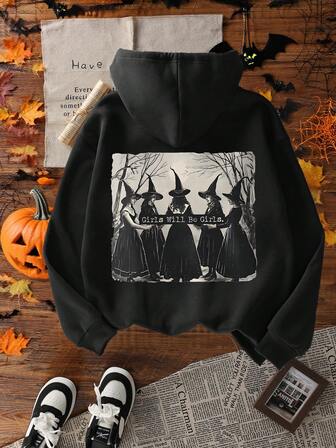 Damtröja med häxtryck och termofodrad huvtröja med fickor, lös och avslappnad sweatshirt, svart, höst/vinter