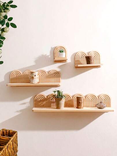 1pc Bohemian Style Wooden Wall Frame, Rainbow Arch Wooden Floating Shelf, Premium Wavy Layered Design, Multipurpose Storage Rack, Easy Installation, Suitable For Bedroom, Living Room, Hallway, Room, Kitchen, Office, Cabin - All Season Home Decor, Modern Rainbow Decor