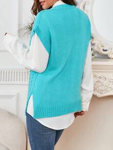 Elegant Women's Round Neck French Intricate Handmade Crochet Hollow-Out Sleeveless Knit Vest Top, Unique Design - Mint Blue - View 2