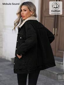 Mobula Sound# Middle East Versatile Casual Sports Fashion Women's Spring Autumn Winter Fleece Windproof Jacket, Blue Y2K Student College Young Style Denim Jacket