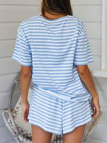 2-Piece Set Simple Striped Lazy Casual Tassel Drawstring Pocket Women's Home Wear Suit Suitable For Home And Street In All Seasons - 藍 - 查看 4