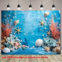 1pc 2D Flat Banner, Beautiful Ocean Theme Background Banner, Blue Underwater Nautical Design With Pearls, Starfish, Seaweed And Shells, Suitable For Summer Party, Birthday, Christening, Home Decor, Anniversary, Cake Table Party Banner
