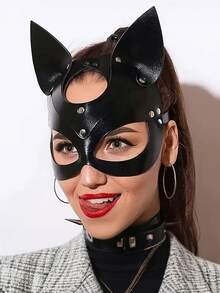 1pc Black Synthetic Leather Cat Mask With Ear Holes - Gothic Punk Style Halloween Party, Masquerade Ball And Adult Game Costume Accessory | Cat Themed Mask | Bold Fashion Mask - Multicolor - View 10