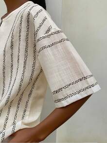 Women's Two Pieces Set, Casual And Elegant Vertical Striped Round Neck T-Shirt With Short Sleeves And Pants, Bohemian Style Linen Fabric Back To School Clothing, Perfect For Casual Clothing Sets, Fashionable Tops&Pants 