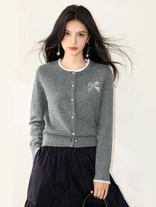 Grey Round Neck Loose Lace Patchwork Sequin Cardigan For Women, Autumn/Winter - Grey - View 1