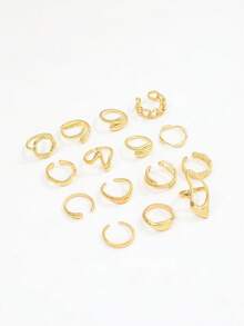 15pcs Smooth Geometric Oversized Fashion Rings, Vintage Coin Style Classic Gold Color Rings For Women - Gold - View 5